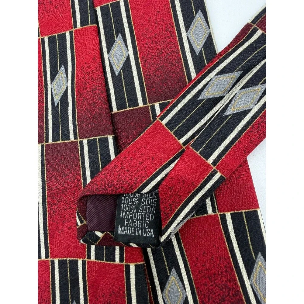 Parisian Signature Silk Tie Red Black Geometric Diamond Pattern Made in USA